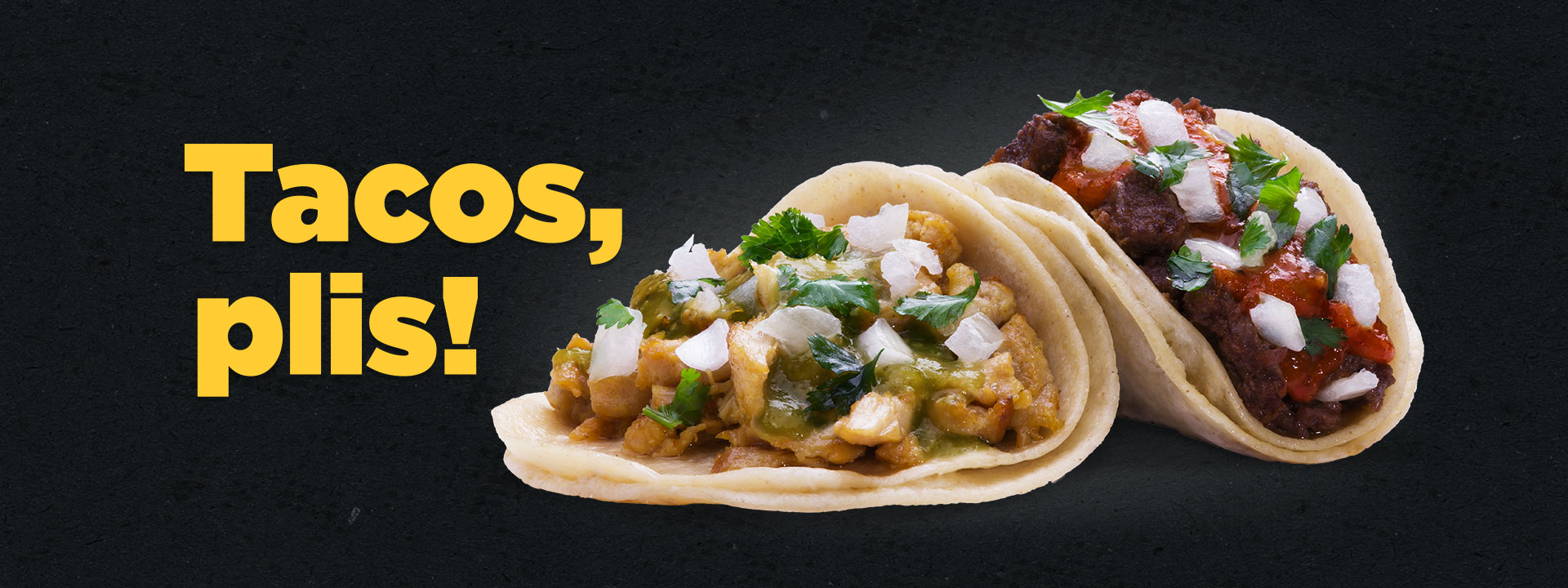 Tacos Plis! headline and two tacos